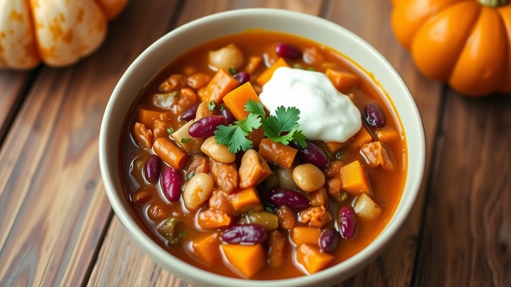 A hearty bowl of pumpkin chili with beans and vegetables, topped with cilantro and sour cream on a wooden table.